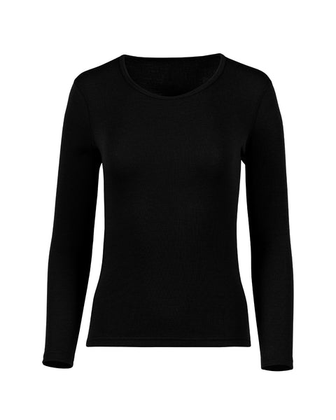 the women's menique long sleeve top 250gsm merino in color black, white background, front view.
