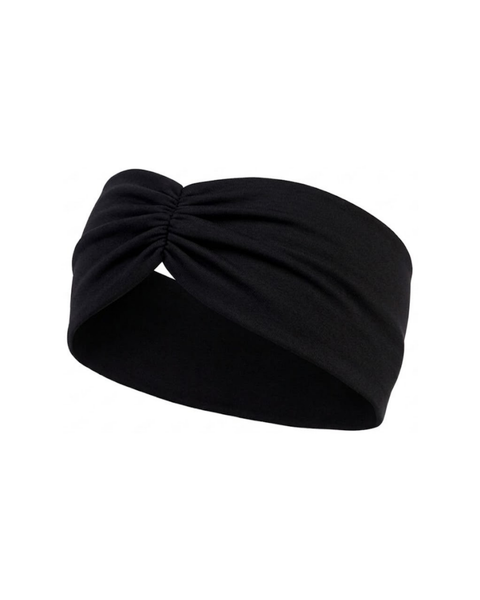 A wide black fabric headband featuring a ruched, gathered knot detail at the center front, displayed against a plain white background.