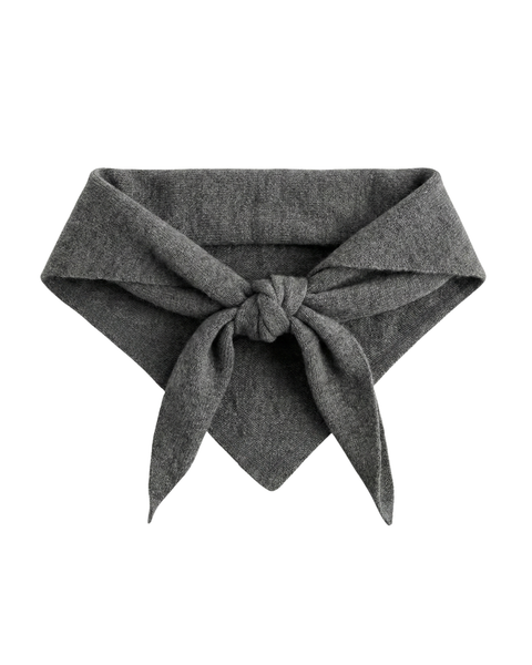 Dark gray knit bandana scarf folded into a triangular shape and tied at the front, made from soft cashmere and merino wool, isolated on a white background.