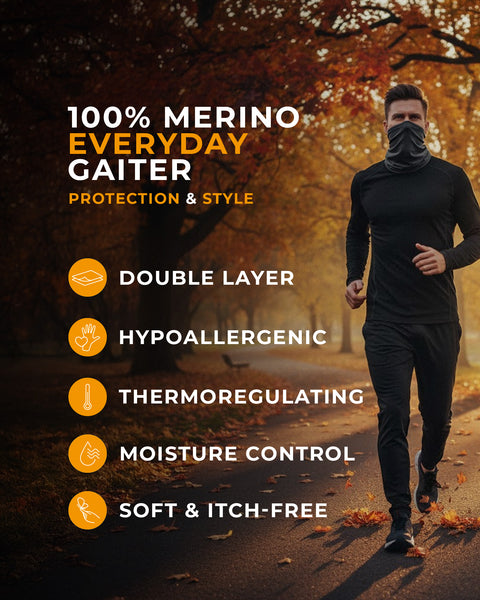 Man running through an autumn park wearing a dark merino neck gaiter; overlay text: “100% Merino Everyday Gaiter—Protection & Style: double layer, hypoallergenic, thermoregulating, moisture control, soft & itch-free.”