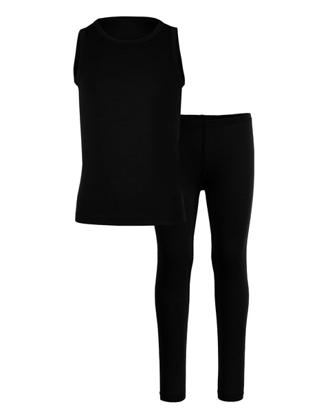 Black menique sleeveless merino top and black leggings on a white background