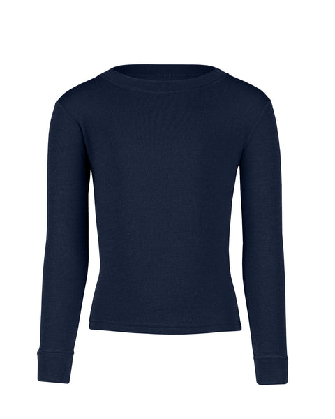 A product shot of a long-sleeved navy blue thermal top for kids.