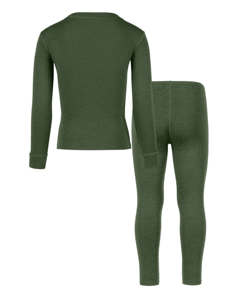 Dark green merino wool long-sleeve shirt and pants set on a white background
