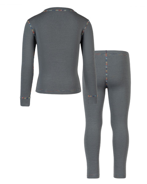 Back view of the kids' menique merino 250gsm two piece set of long sleeve top and pants, in perfect gray color, white background.