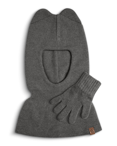 Gray knit balaclava and gloves set on a white background
