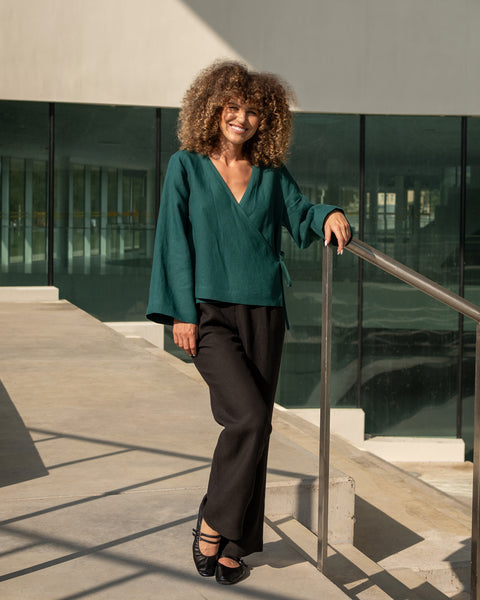 Linen Wrap Top Thea in Dark Green