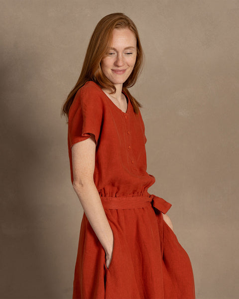 Linen Front Button Dress Brigit Cinnamon Red