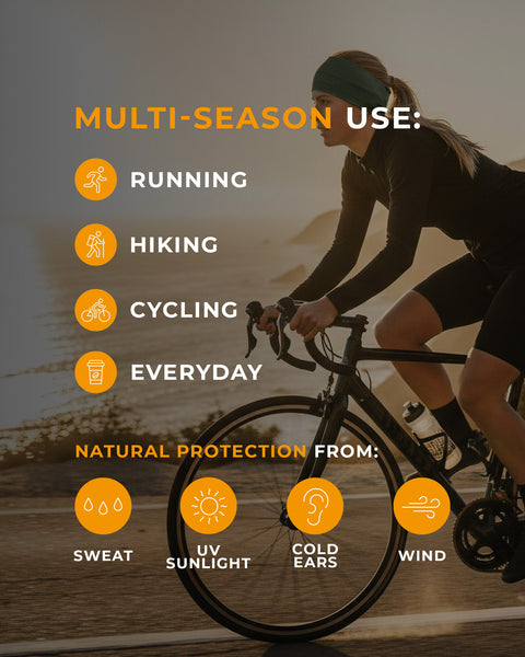 Person cycling with text about multi-season use and natural protection features.
