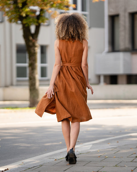 Linen Sleeveless Smock Dress Macie almond brown Color