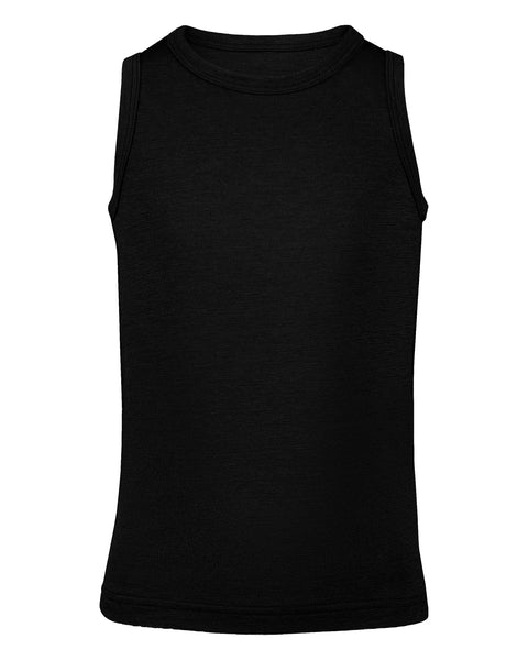 A product shot of a black children's sleeveless tank top laid flat against a plain white background.