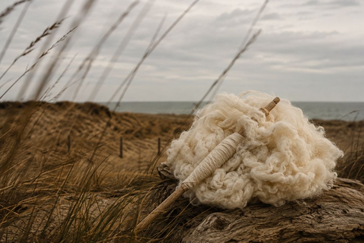A large bundle of off-white wool or fleece wrapped around a wooden spindle, placed on driftwood in a sandy beach dune with grasses and the ocean in the background.