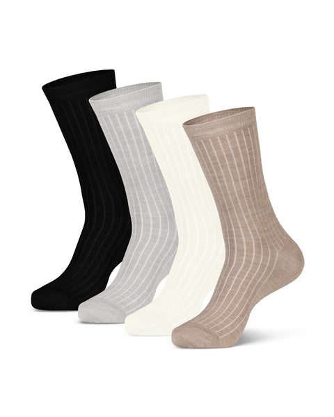 Women's Merino Rib Crew Socks in all 4 available colors, including black, light gray, natural, and beige.