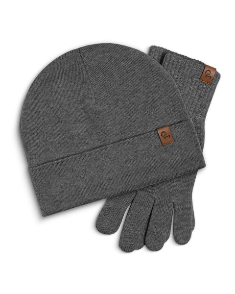 Dark Gray knit beanie and gloves set with brown logo on a white background