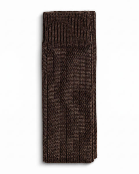 A single dark brown ribbed knit sock or leg warmer, folded vertically, shown against a plain white background.