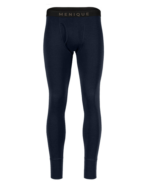Product display of fitted dark navy blue thermal leggings shown against a plain white background.