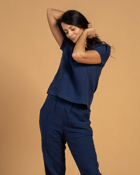 Linen Short Sleeve Top Emma Storm Blue
