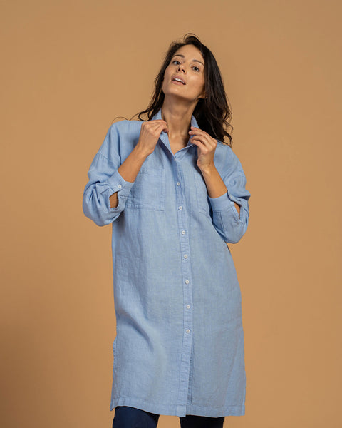 Linen Oversize Shirt Dress Margo Cloudy Blue