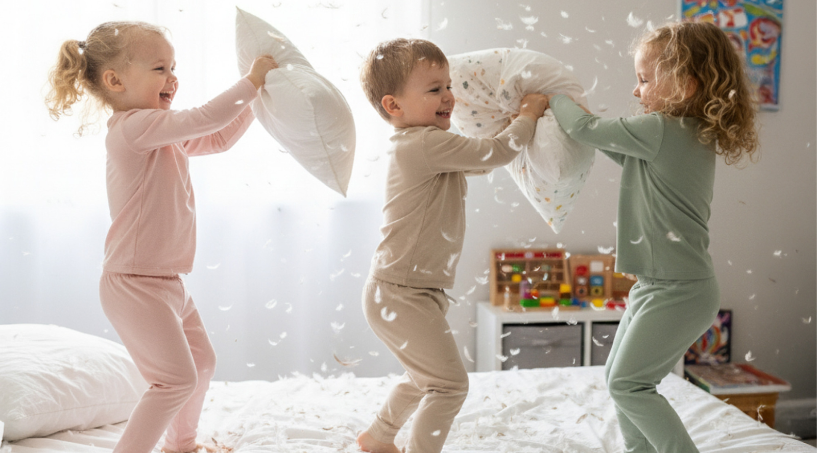 Little boy on the bed is wearing natural merino wool matching set