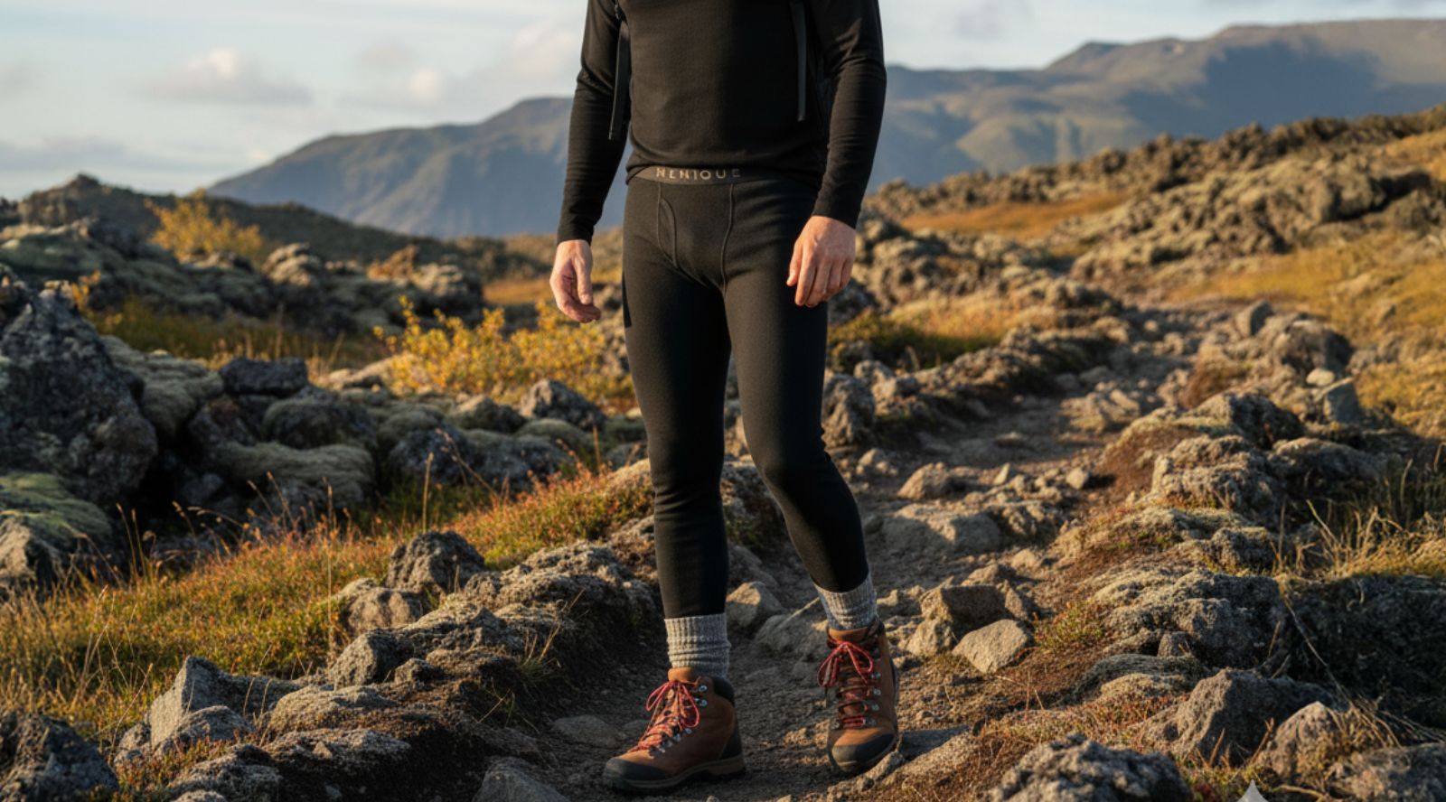a man wearing black merino menique pants