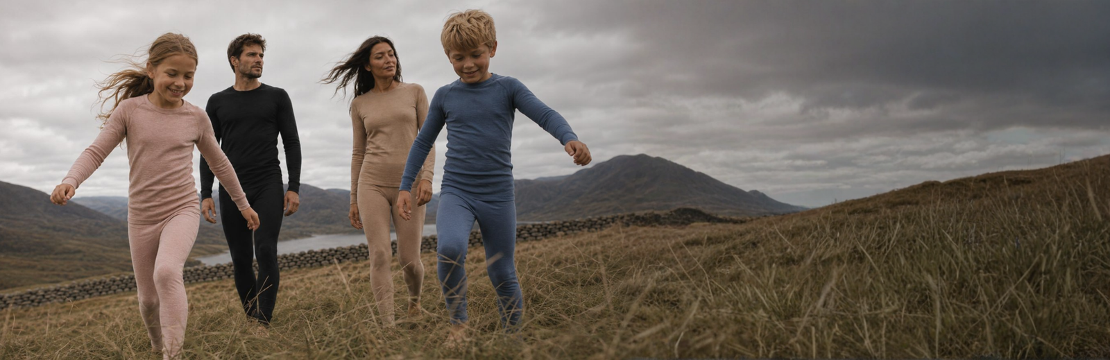 A family of four walks across a dry, grassy field in a wide, natural landscape with hills and a stone wall in the background. They are wearing form-fitting thermal sets in pink, black, beige, and blue.