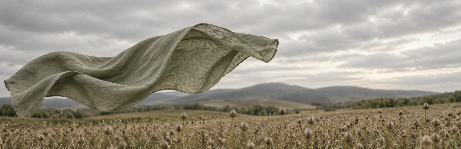 A piece of sage green linen fabric blowing gracefully in the wind above a field of flax, with a cloudy sky and hills in the background.