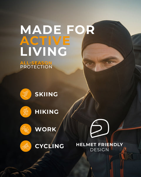 Person wearing a helmet with text about active living and product features.