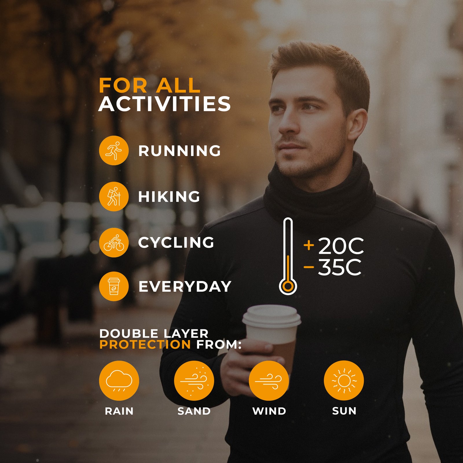 Man hiking with a large backpack, dressed in a gray jacket and blue shirt, wearing a royal cherry red Merino wool neck gaiter covering his face.