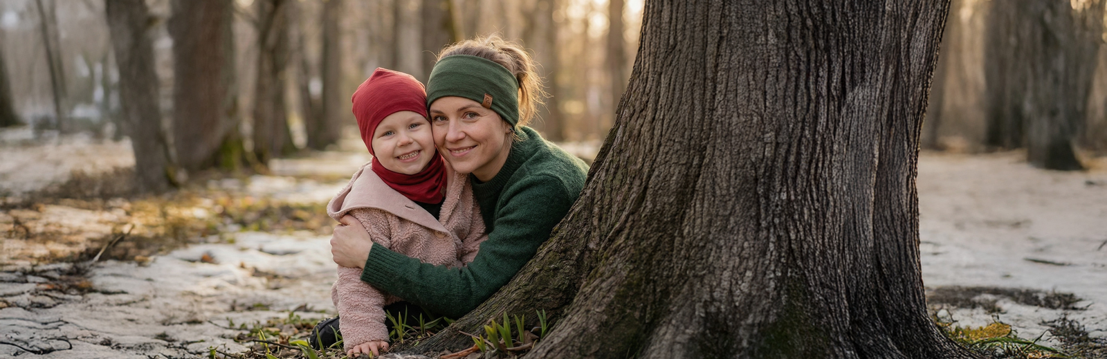 Mother and child wearing merino wool accessories sitting together by a tree in the forest during cool weather.