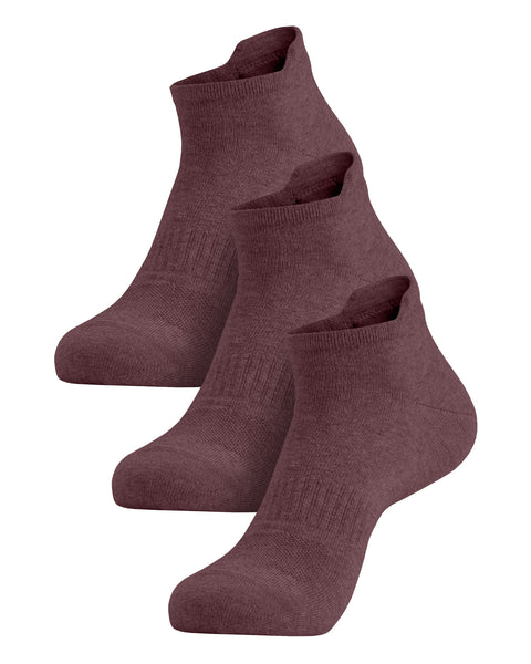 A three-pack of dark pink adult ankle socks arranged in a diagonal row against a white background.