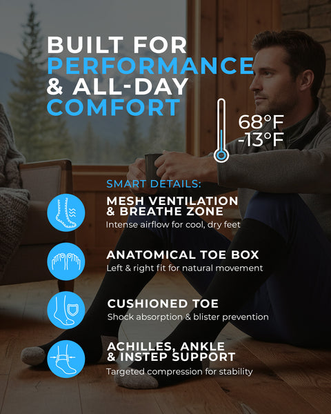 Merino wool performance ski socks with anatomical toe box, cushioned toe support and breathable mesh ventilation for all-day comfort