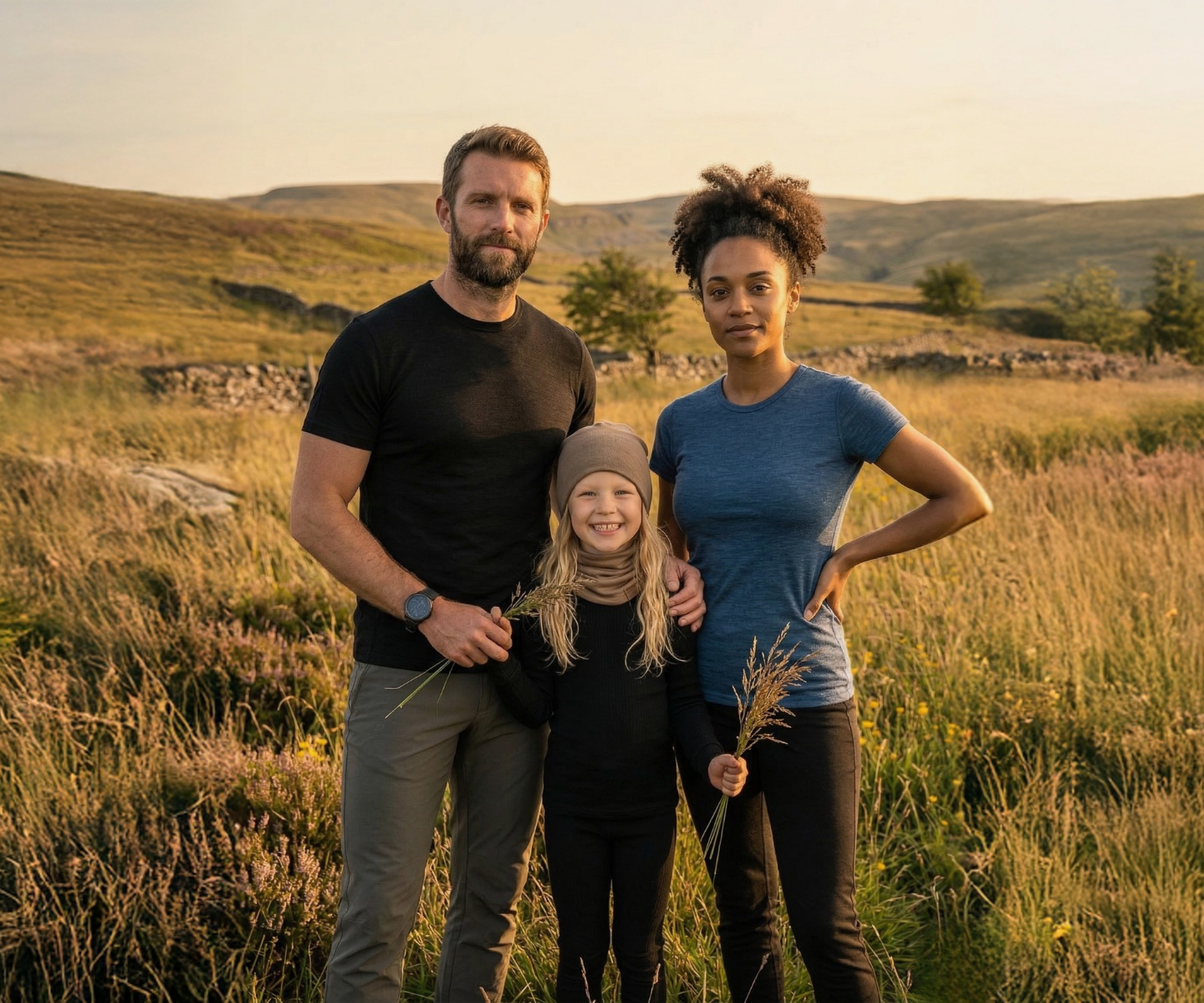 A family of three standing together in a sunlit field of tall grass. From left to right: a bearded man wearing a black t-shirt and grey pants, a smiling blonde child in a black outfit and light brown beanie holding sprigs of grass, and a woman with dark curly hair tied back wearing a blue t-shirt and black pants. They are looking toward the camera with rolling hills and a low stone wall in the background during golden hour.
