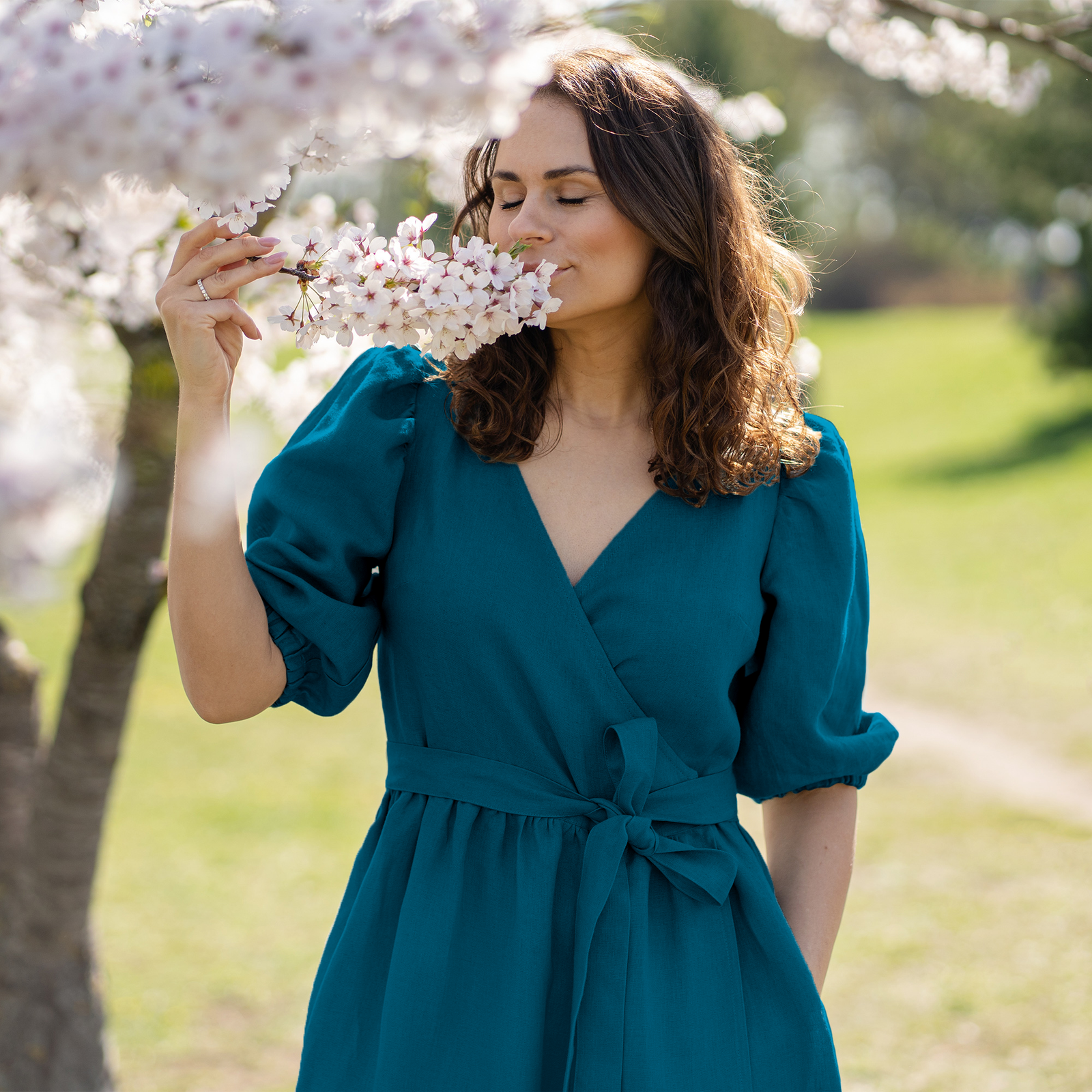 linen wrap dress uk Brown Linen Wrap Dress with Midi Length
