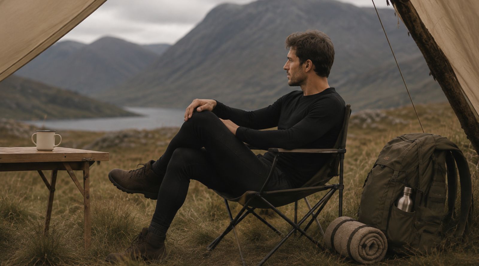A man dressed in black sitting in a camp chair outside a tent, looking out over a grassy landscape toward a lake and mountains.