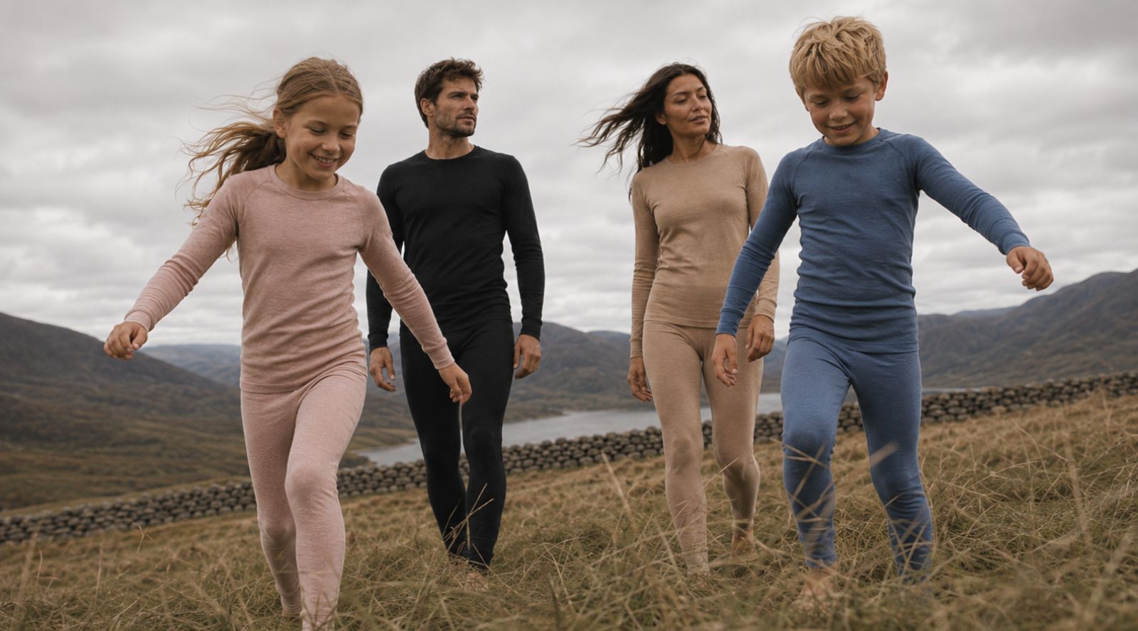 A shot of a family of four running forward through a grassy field under an overcast sky. The two children in the foreground wear pink and blue long-sleeved base layers, while the man and woman behind them wear black and beige sets, respectively.