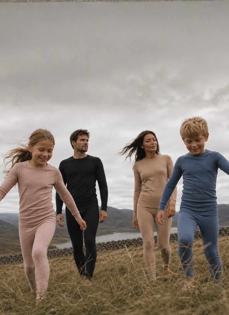 A shot of a family of four running forward through a grassy field under an overcast sky. The two children in the foreground wear pink and blue long-sleeved base layers, while the man and woman behind them wear black and beige sets, respectively.