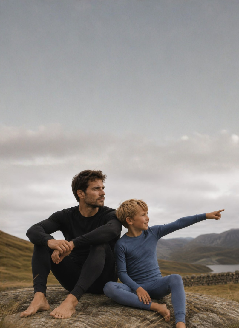 A barefoot man wearing a black base layer set and a young barefoot boy wearing a blue base layer set sitting together on a large rock in a hilly, outdoor landscape. The boy is pointing his arm outward toward the distance, with mountains and a body of water visible under an overcast sky.