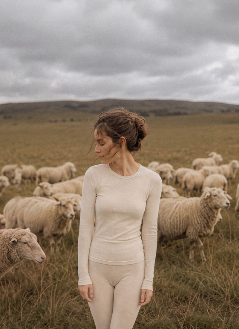 A woman wearing a cream-colored long-sleeved base layer set standing in a field, looking to her left, with a flock of sheep behind her.