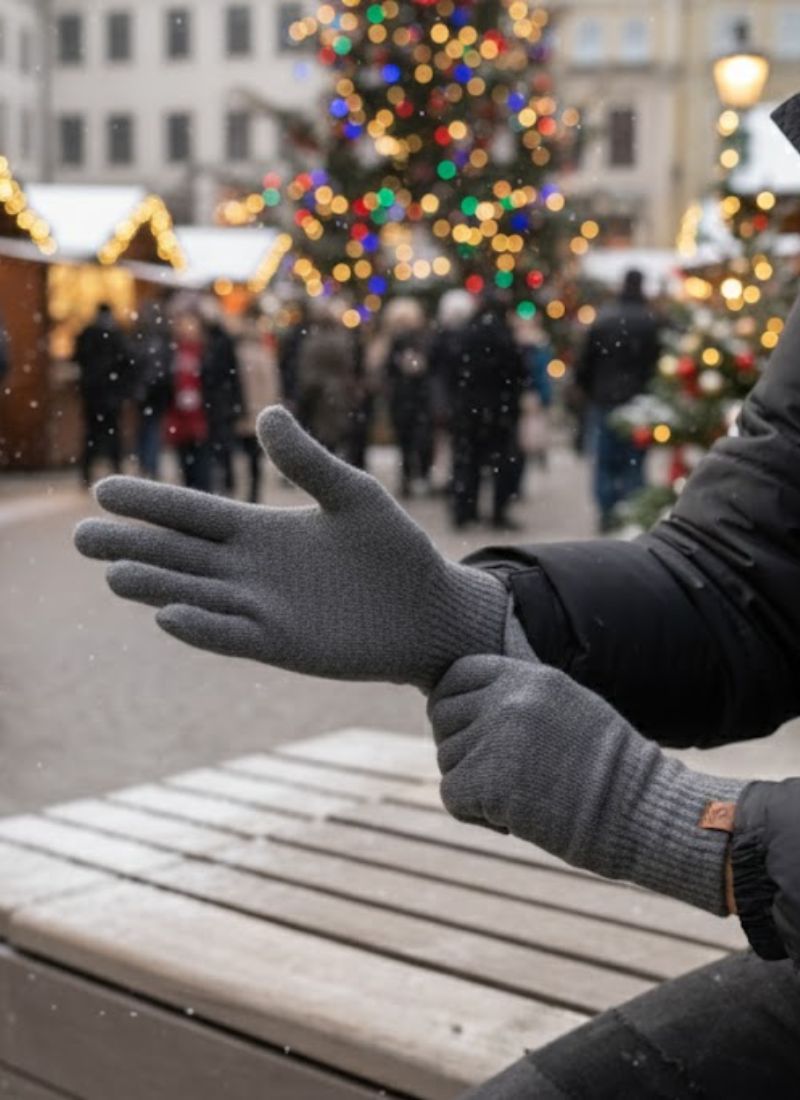 Person wearing gray gloves with a festive outdoor setting featuring Christmas trees and lights.
