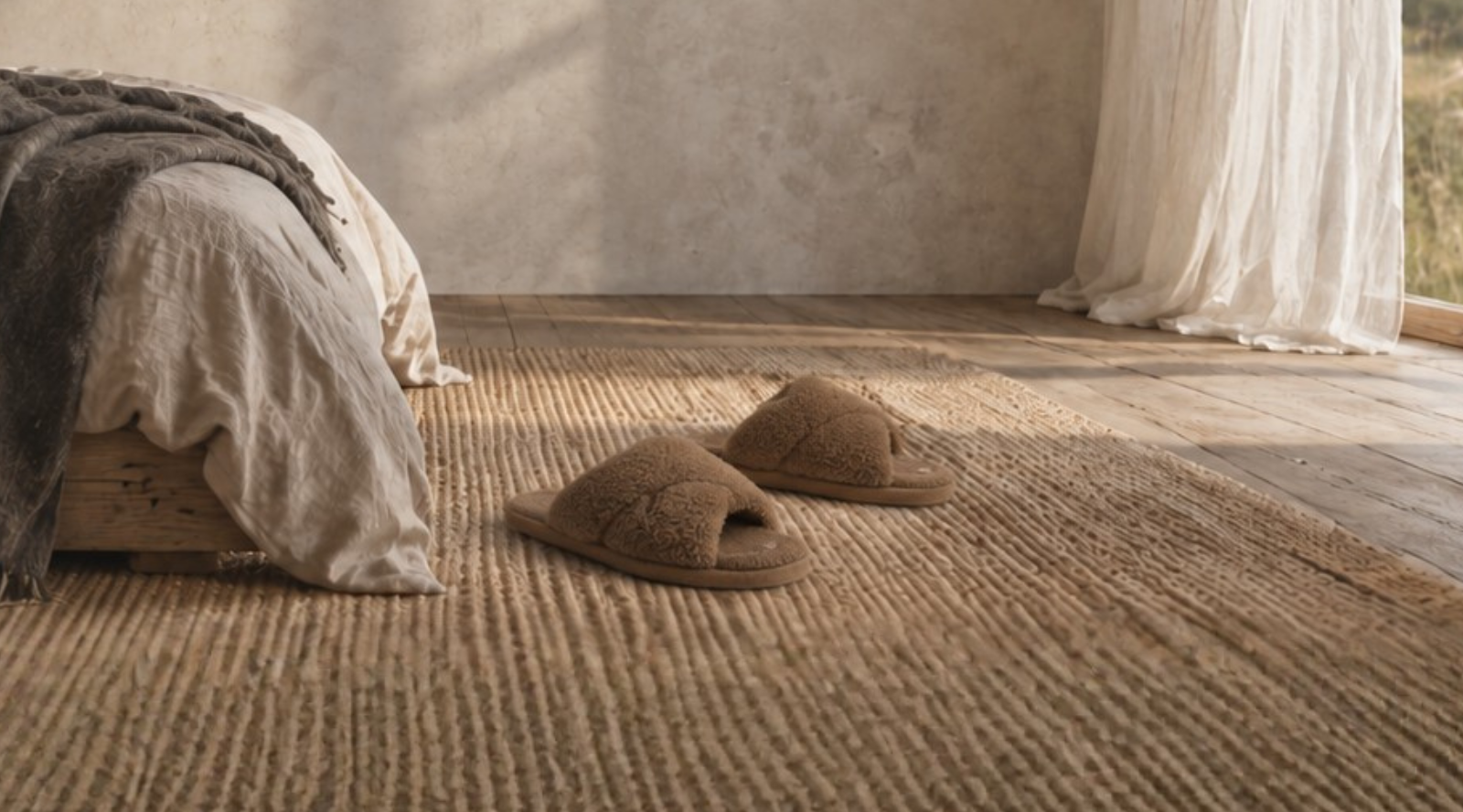 A pair of fluffy brown criss-cross slippers resting on a textured woven rug next to a bed with rumpled neutral linen sheets in a sunlit room.