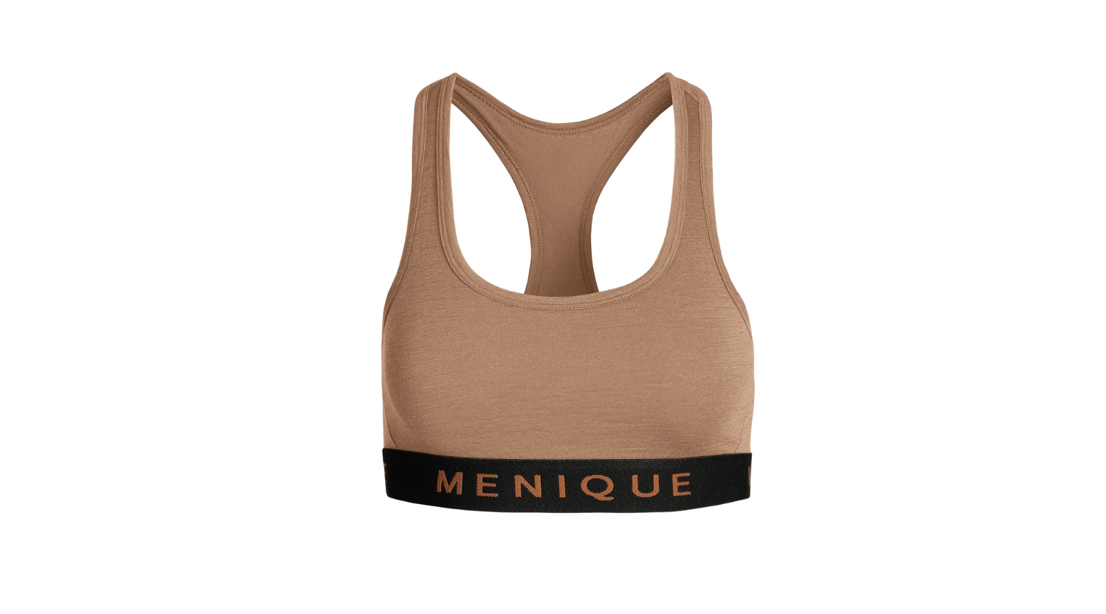 A women's taupe-colored sports bra is shown flat against a plain white background. It has a racerback design and a black elastic band at the bottom featuring the word "MENIQUE" in copper letters.