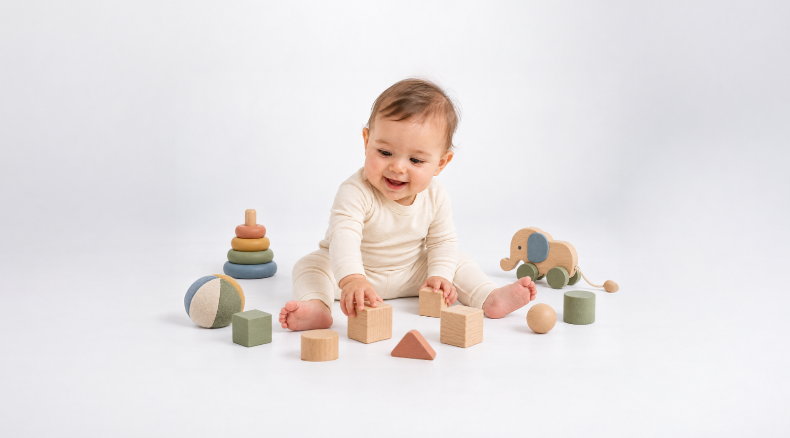 A smiling baby sits on a white surface playing with natural wooden blocks and colorful wooden toys. The infant is wearing a snug, cream-colored long-sleeved thermal top and matching leggings.