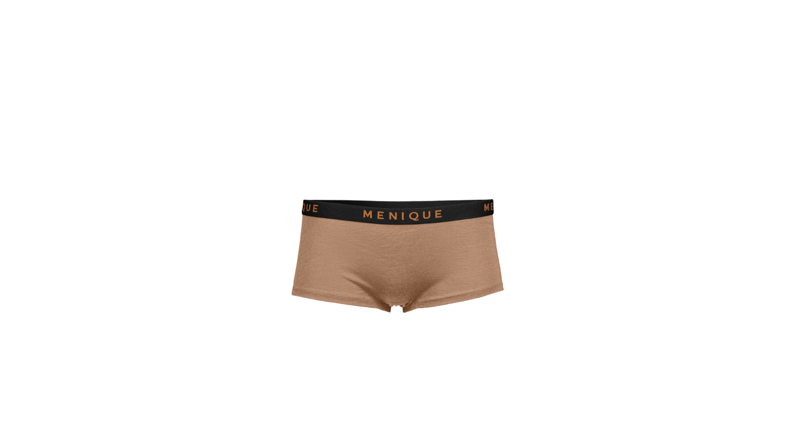 A pair of women's taupe-colored boyshort underwear is displayed flat against a plain white background. They feature a contrasting black waistband with the word "MENIQUE" written in copper lettering.