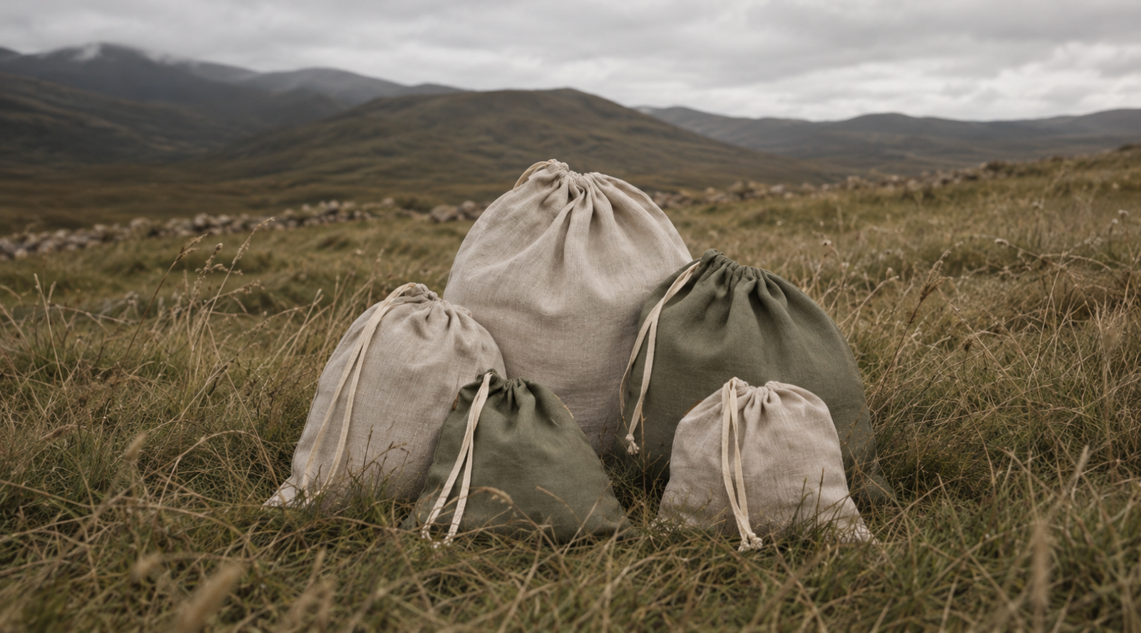 A close-up view of five linen drawstring bags in natural beige and olive green sitting in grass with a hill in the background.