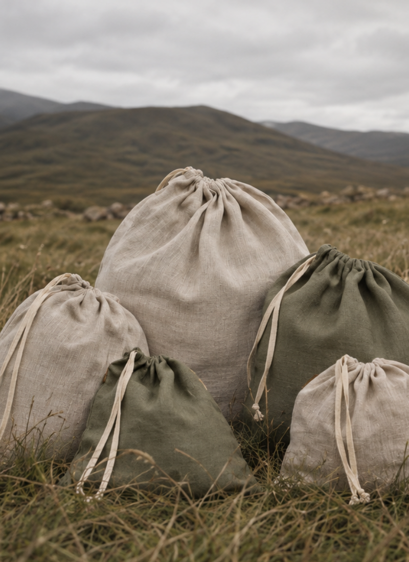 A close-up view of five linen drawstring bags in natural beige and olive green sitting in grass with a hill in the background.