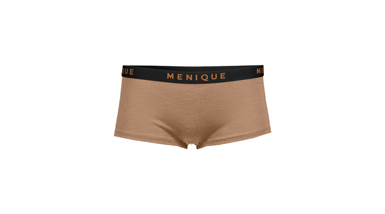 A pair of women's taupe-colored boyshort underwear is displayed flat against a plain white background. They feature a contrasting black waistband with the word "MENIQUE" written in copper lettering.