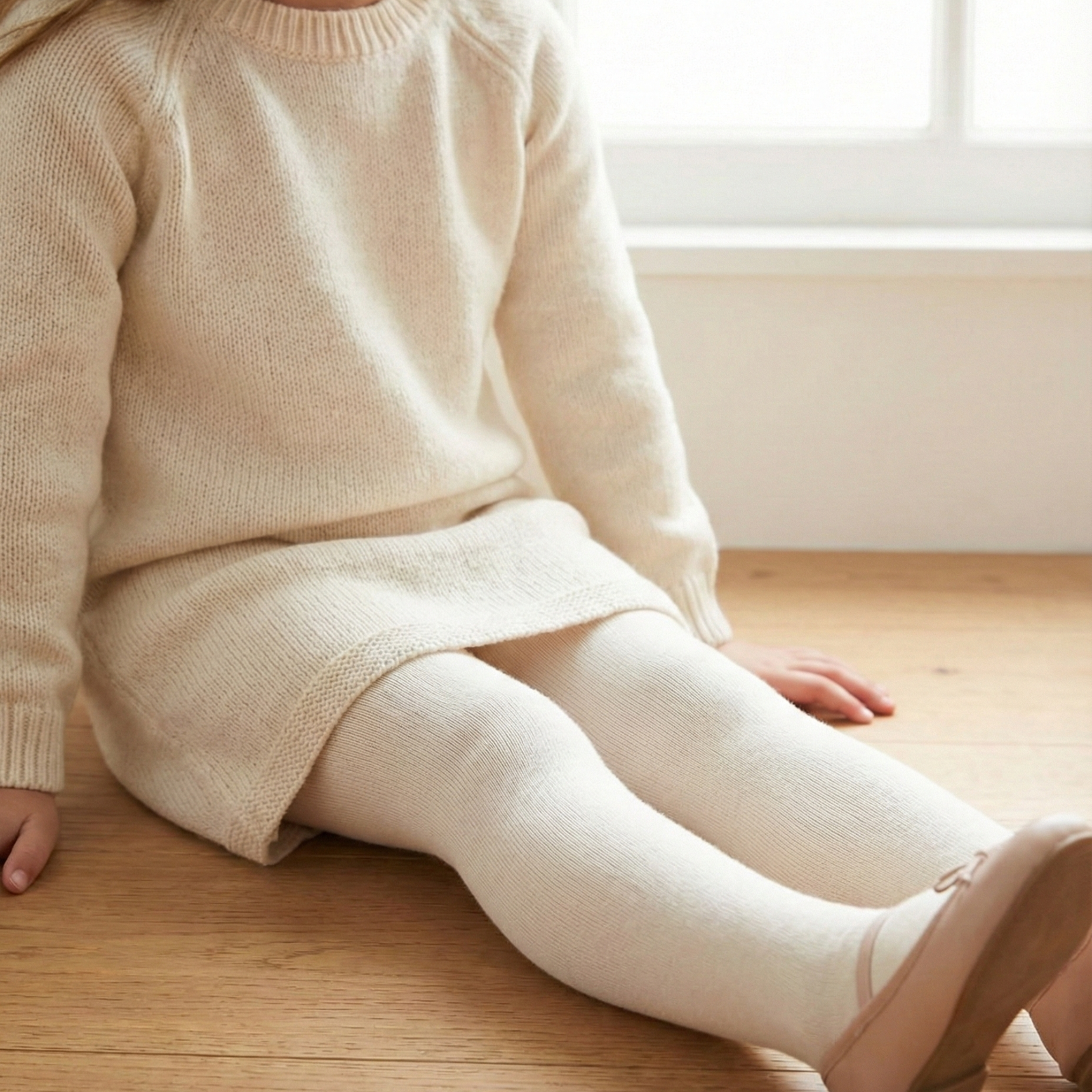 Child wearing dusty pink cotton tights with a knitted dress, sitting indoors in warm natural light
