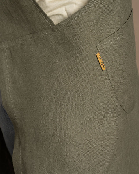 Linen cross back apron in stone green color
