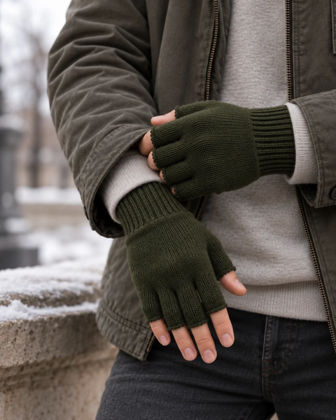 A person wearing dark olive green ribbed-knit fingerless gloves, paired with an olive utility jacket and a light gray knit sweater, resting hands against a snowy stone ledge outdoors.