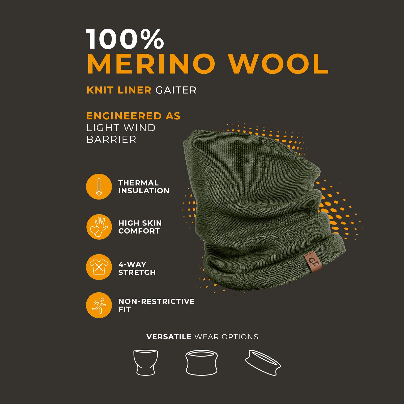 A smiling man with short dark hair and a beard, wearing a creamy beige knit neck warmer and a black long-sleeved shirt, looks directly at the camera. A small brown leather tag is visible on the front of the neck warmer. The background is plain white.