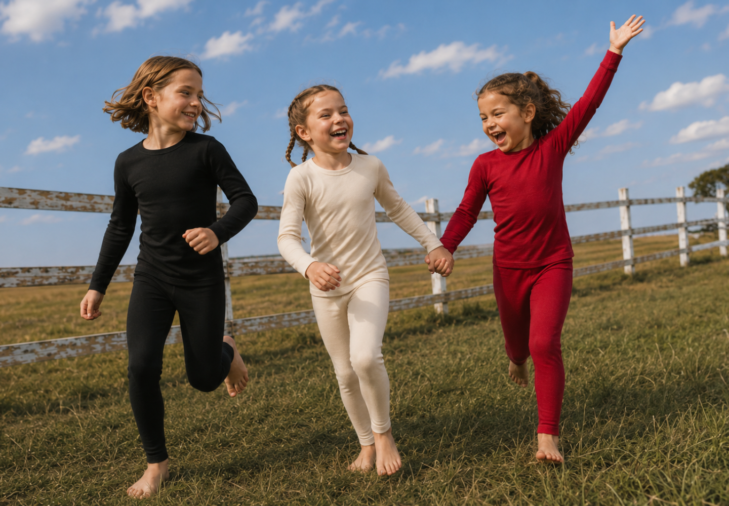 Three young girls run playfully hand-in-hand through a grassy field with a rustic white fence in the background. They are wearing form-fitting, long-sleeve thermal sets in solid black, beige, and red colors.